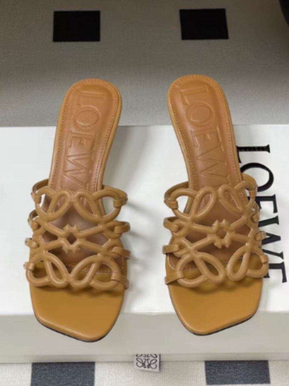Loewe Tan Leather Anagram Cutout Square Toe Heeled Slide Sandals, Size EU 38 (US